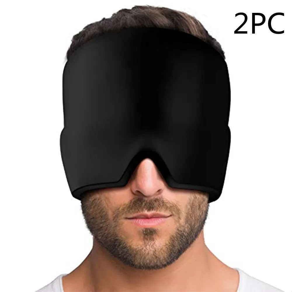 Black elastic cloth cooling gel eye mask for headache relief showing adjustable fit