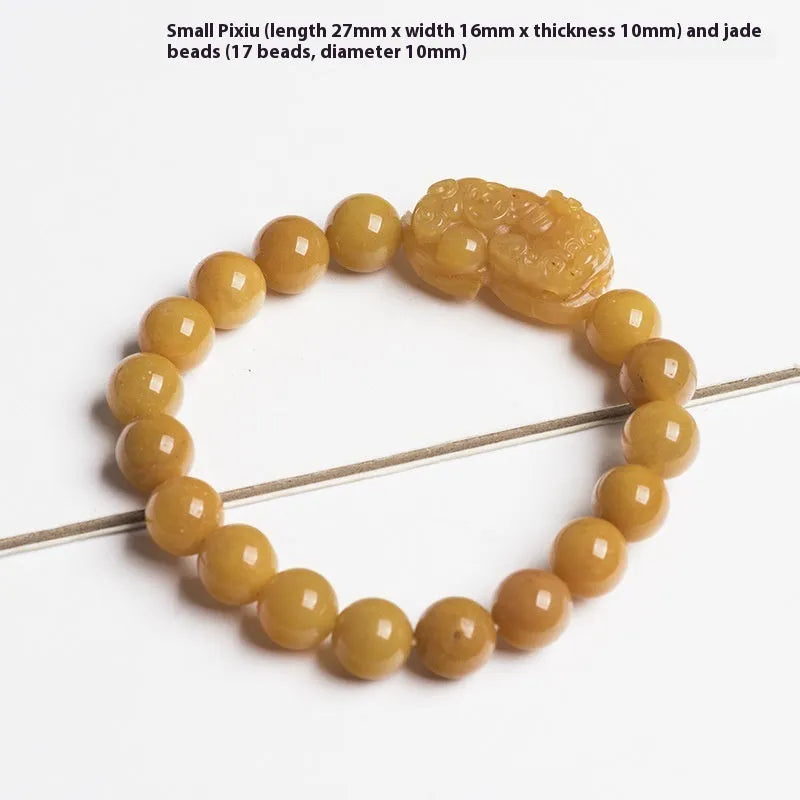 Carved Golden Thread Jade money bracelet showing Chinese coin charm and jade beads in two size options