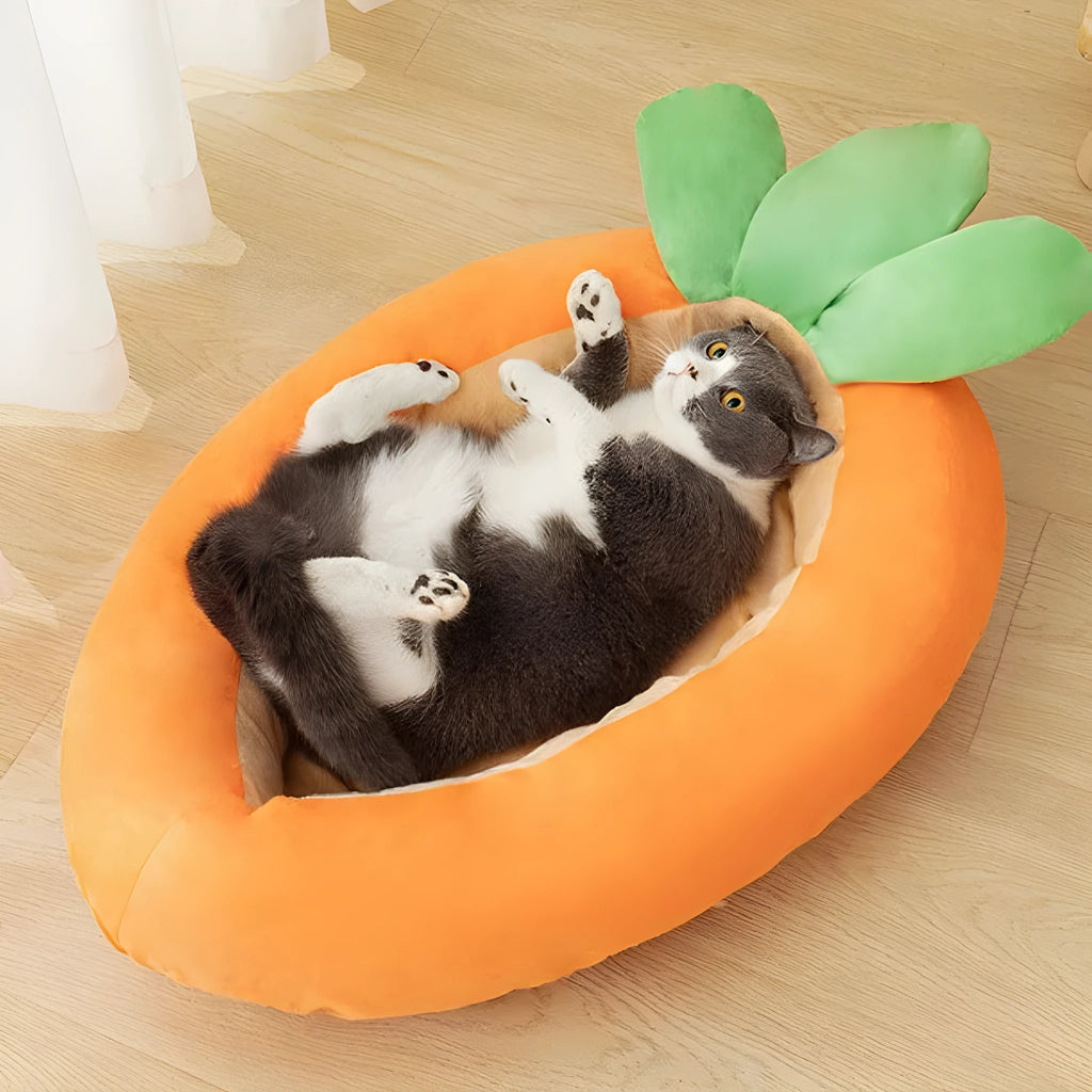 Carrot-patterned double-sided dog mattress with a removable zip-off cloth cover.