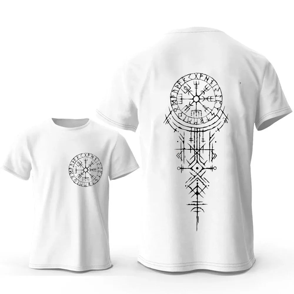 Close-up of a men's grey T-shirt featuring a detailed Viking rune compass graphic print on the chest.