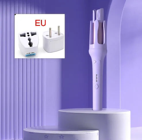 White and pink automatic hair curler with 32mm ceramic barrel and auto-clamp feature on a table.