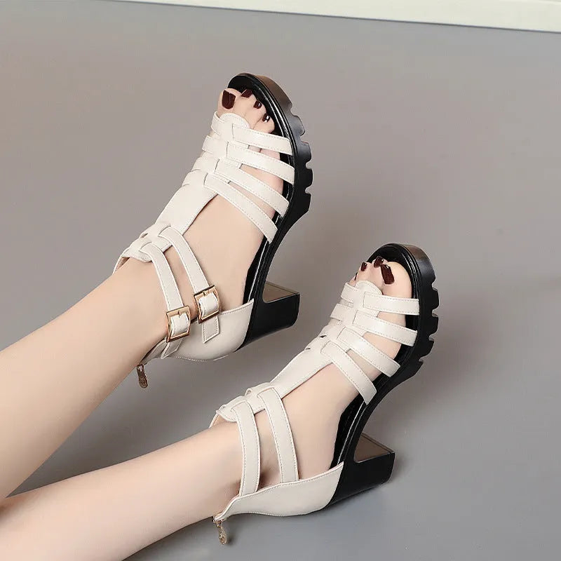 Women's hollow-out high heel shoes with rhinestone decoration in beige and black colours