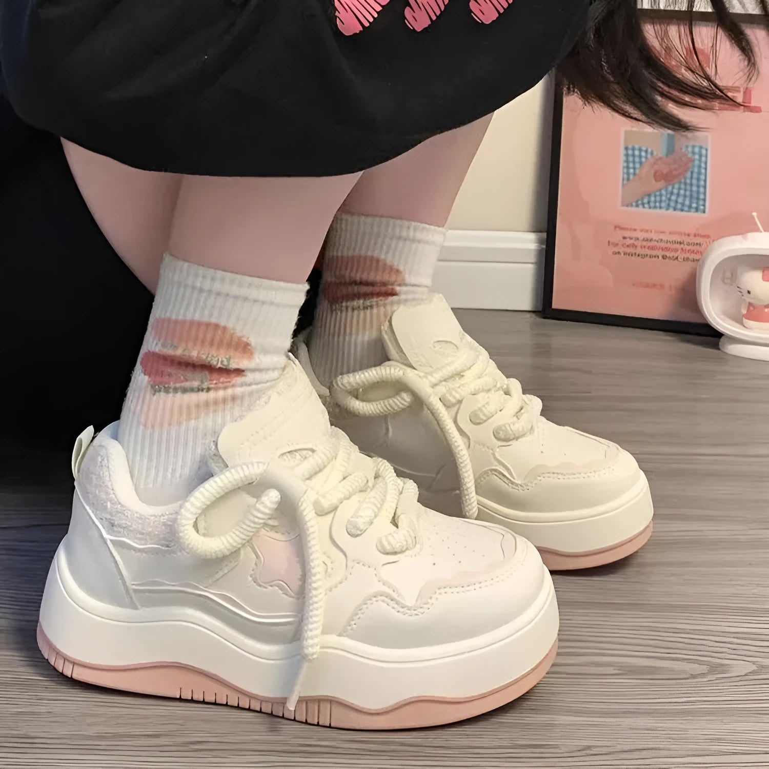 Women's green patent leather platform sneakers with round toe and lace-up closure on rubber sole