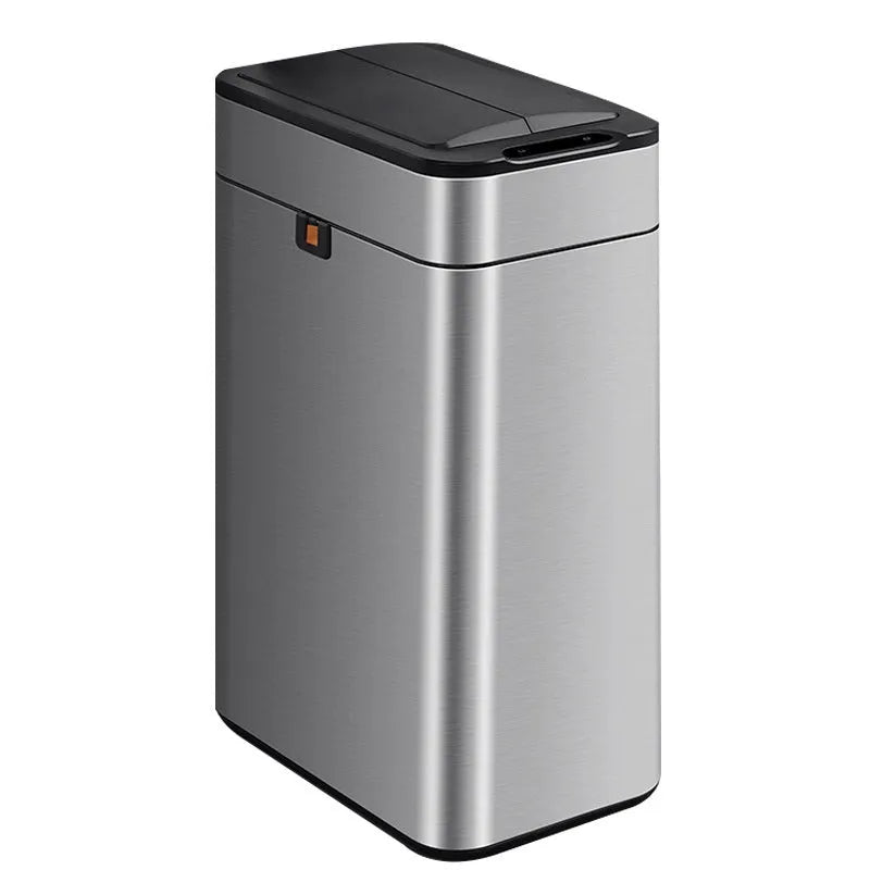 Stainless steel square inductive smart trash can with sensor lid and large capacity.
