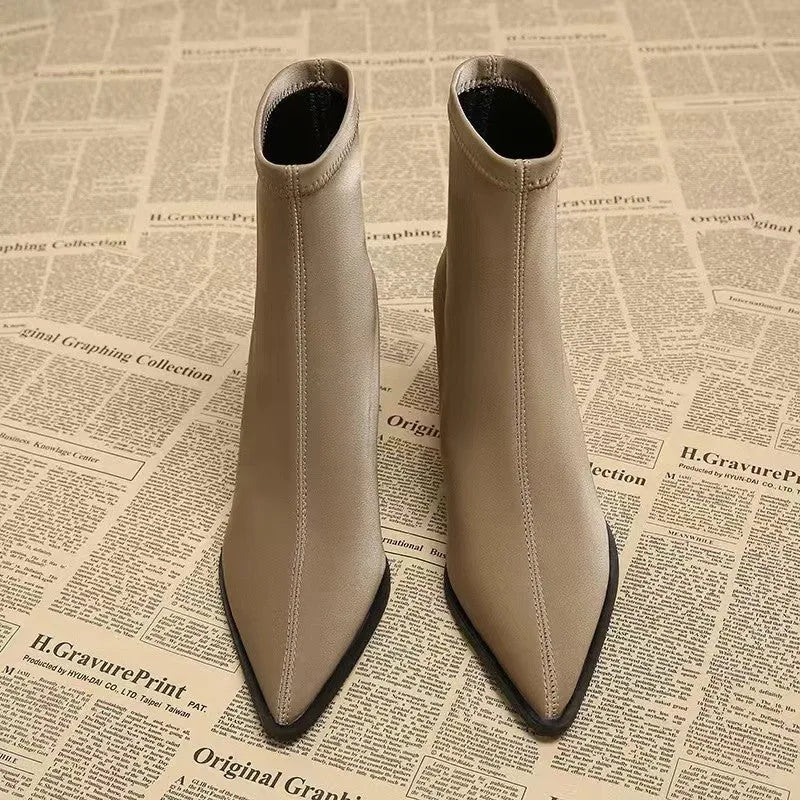 Women's stretch fashion suede pointed Martin boots in khaki with mid heel and rubber sole