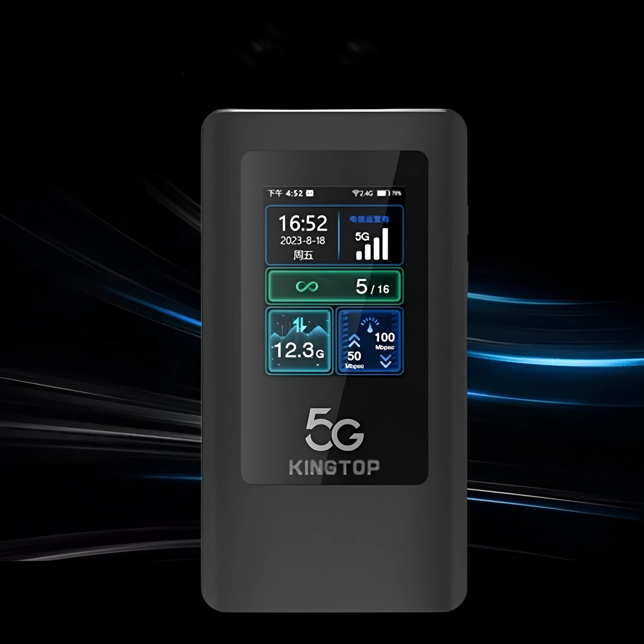 Black portable 5G Wi-Fi router with LCD screen, showing compact size next to a charging cable.