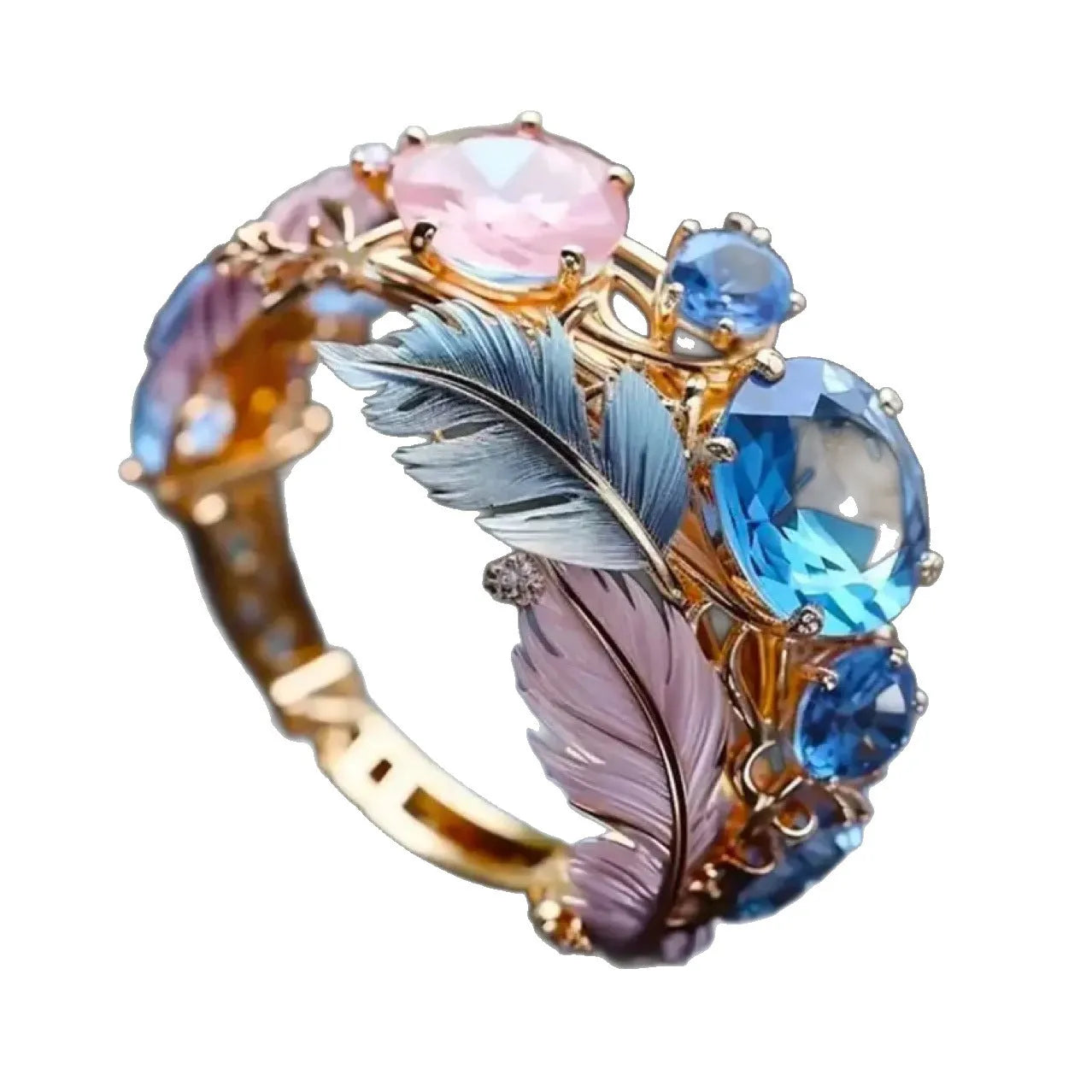 Geometric gold brass ring with embossed feather pattern and zircon inlay detailing