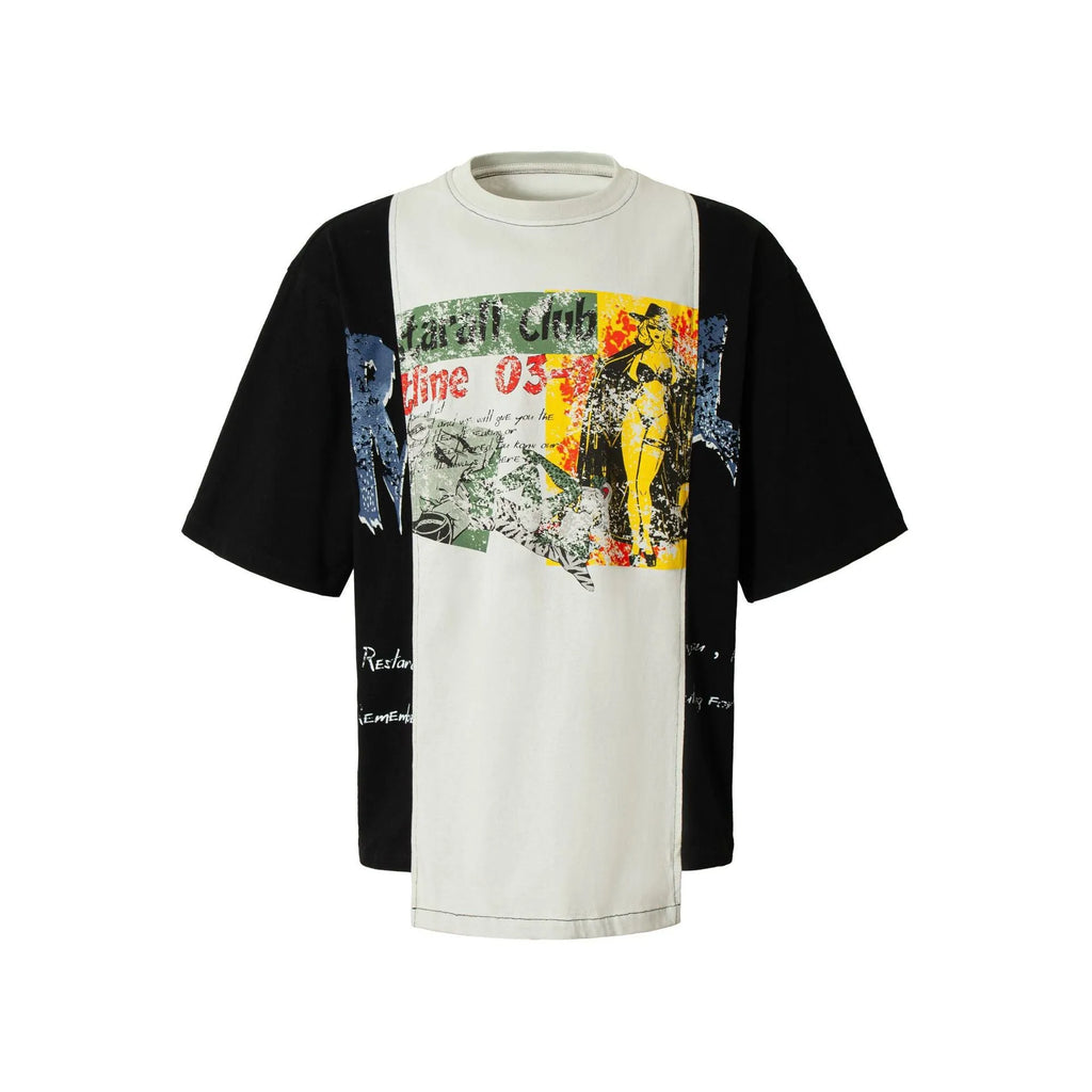Broken collage deconstruction printed T-shirt in black and white stitching with cotton blend fabric
