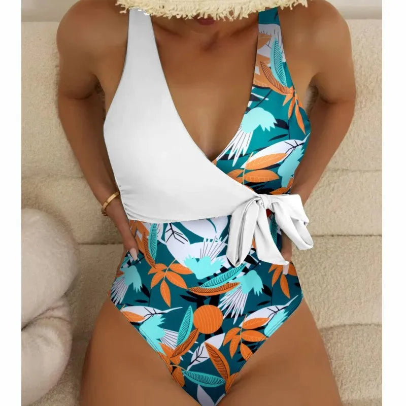 Women's high-waist one-piece bikini with printed pattern in quick-dry polyester fabric