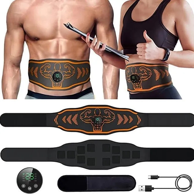 Blue and orange EMS smart massage belt kits with host unit, main belt, and arm electrodes on a grey background.