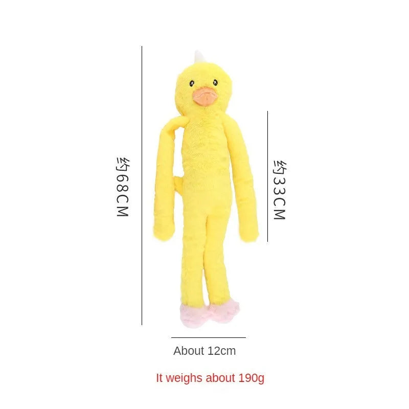 Pink and yellow interactive plush dog toy with rattle sound for large breed chewing and dental care.