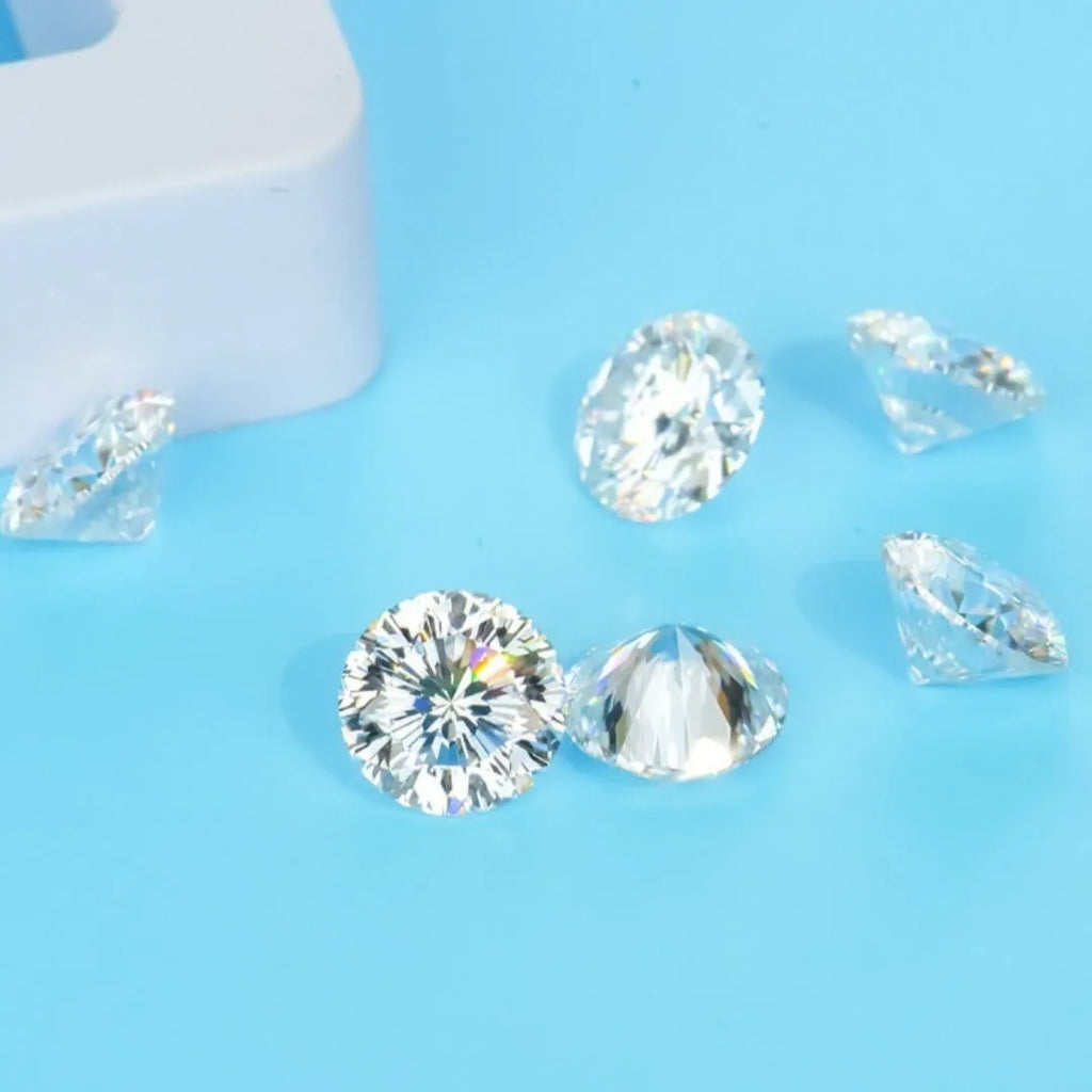 Round moissanite gem stone with eight hearts and eight arrows faceting on dark background