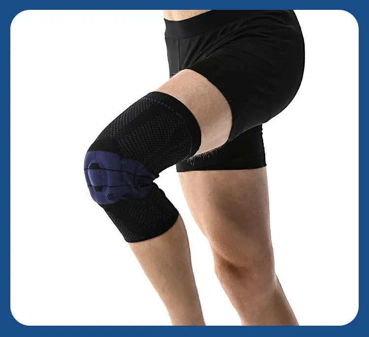 Adult sports knee pads in black and blue, made from nylon and spandex fabric.