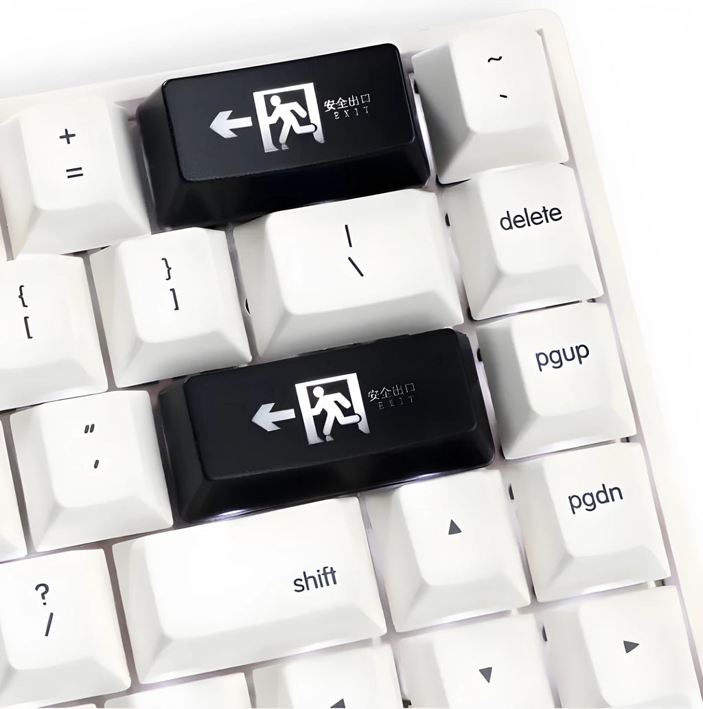 Transparent mechanical keyboard key cap with red evacuation exit symbol for backspace function