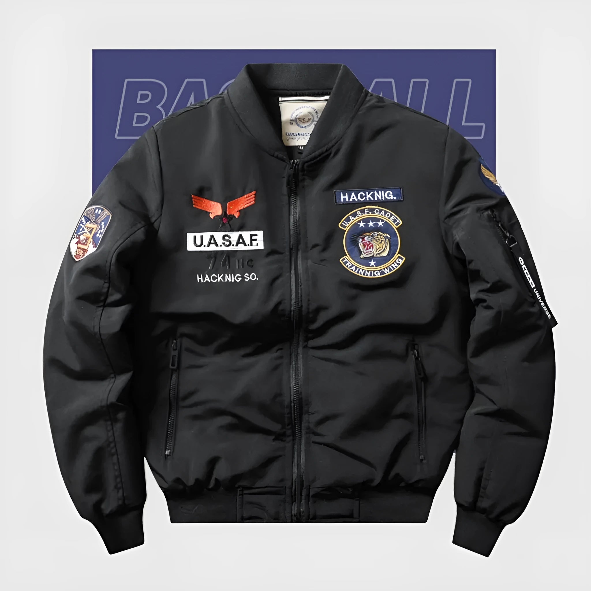 Slim-fit men's stand collar coat with retro embroidery and patch pockets