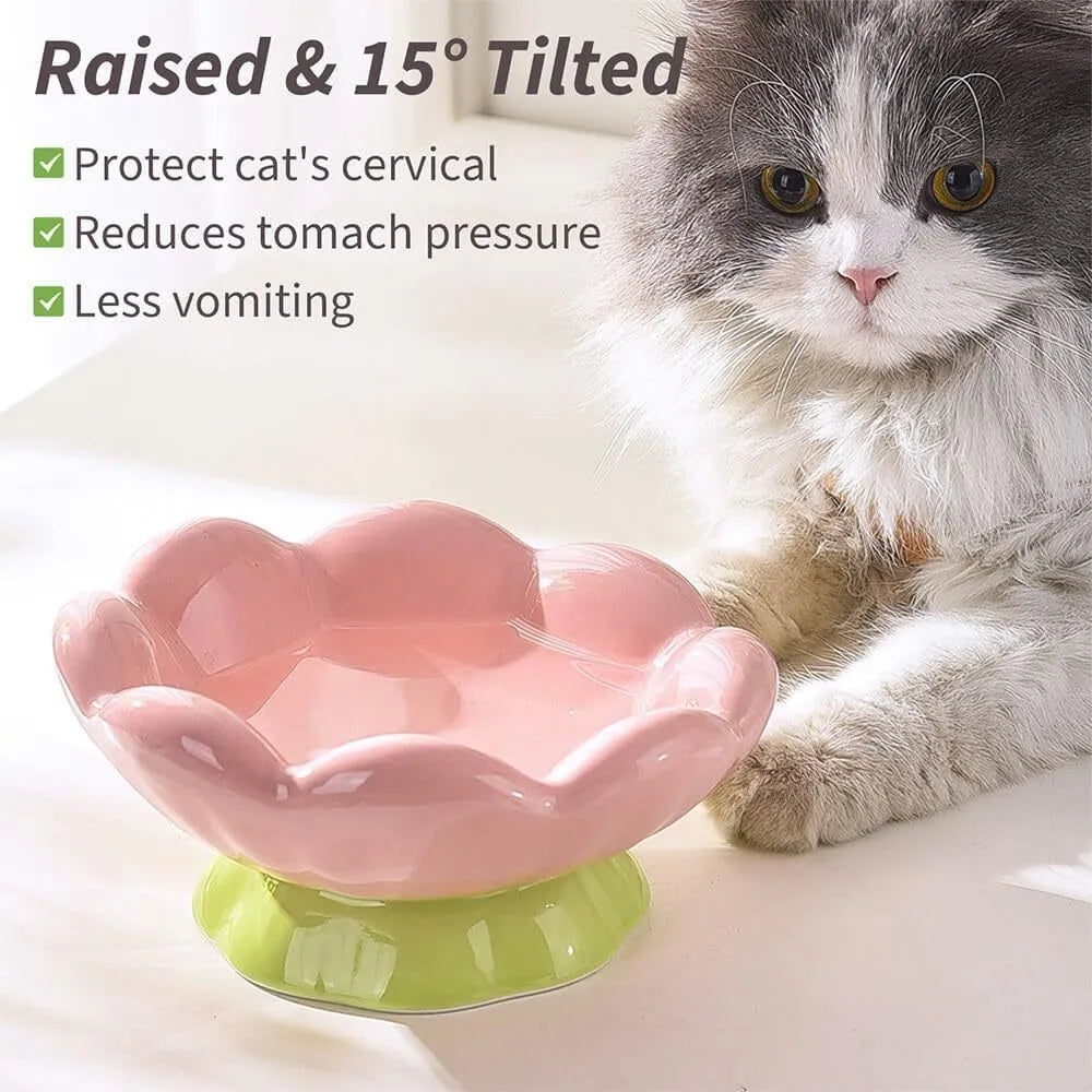 Pink ceramic raised cat bowl with flower shape and non-slip base, 15-degree angle, for small to medium cats