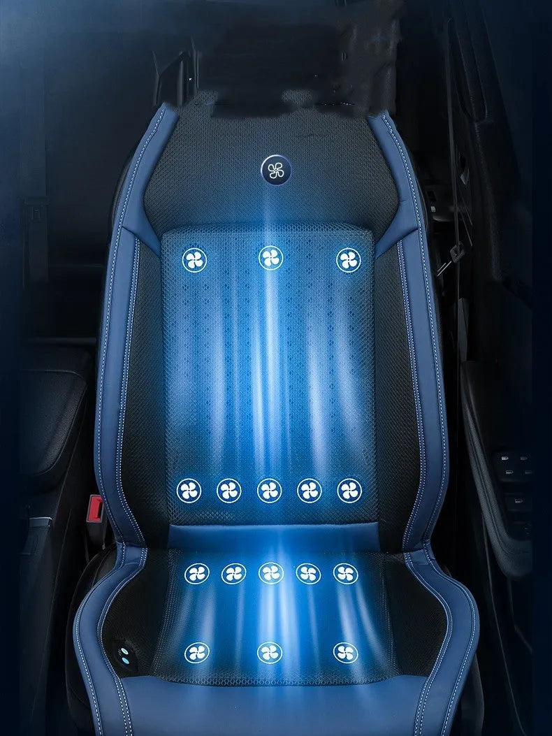 Black minimalist car seat cooling pad with USB power cable for ventilation and massage functions.