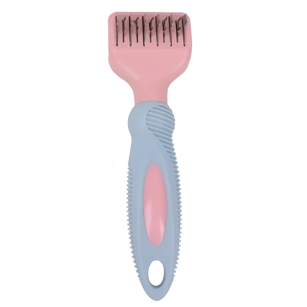 Pink and purple dog comb with stainless steel knot knife and massage brush for pet grooming