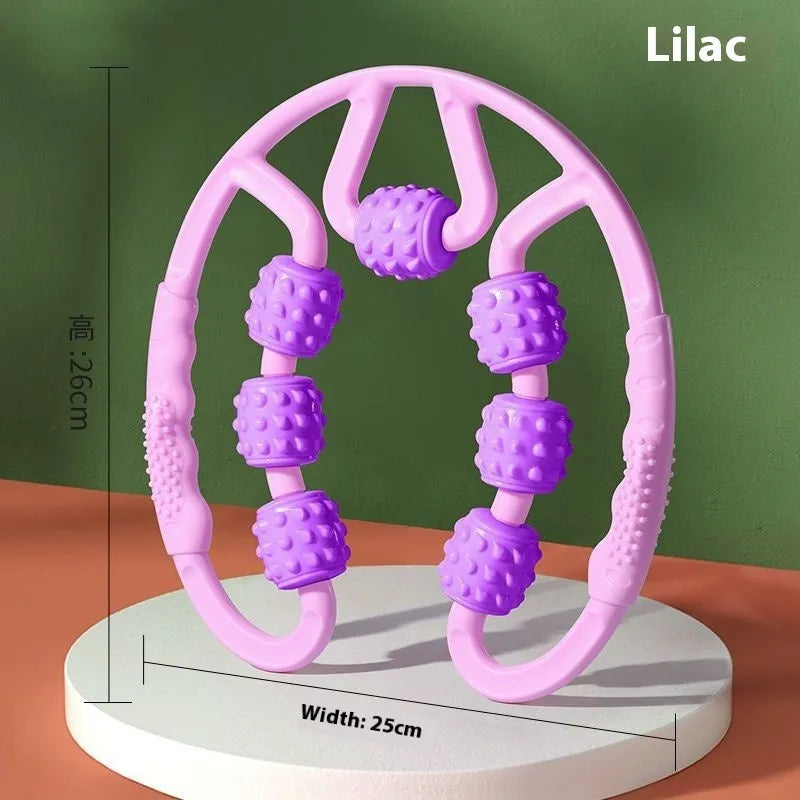 A handheld leg massage roller clip with multiple wheels, shown in a pink colour option.