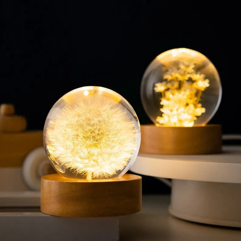 Dandelion crystal ball night light on beech wood base with USB cable for desktop decoration