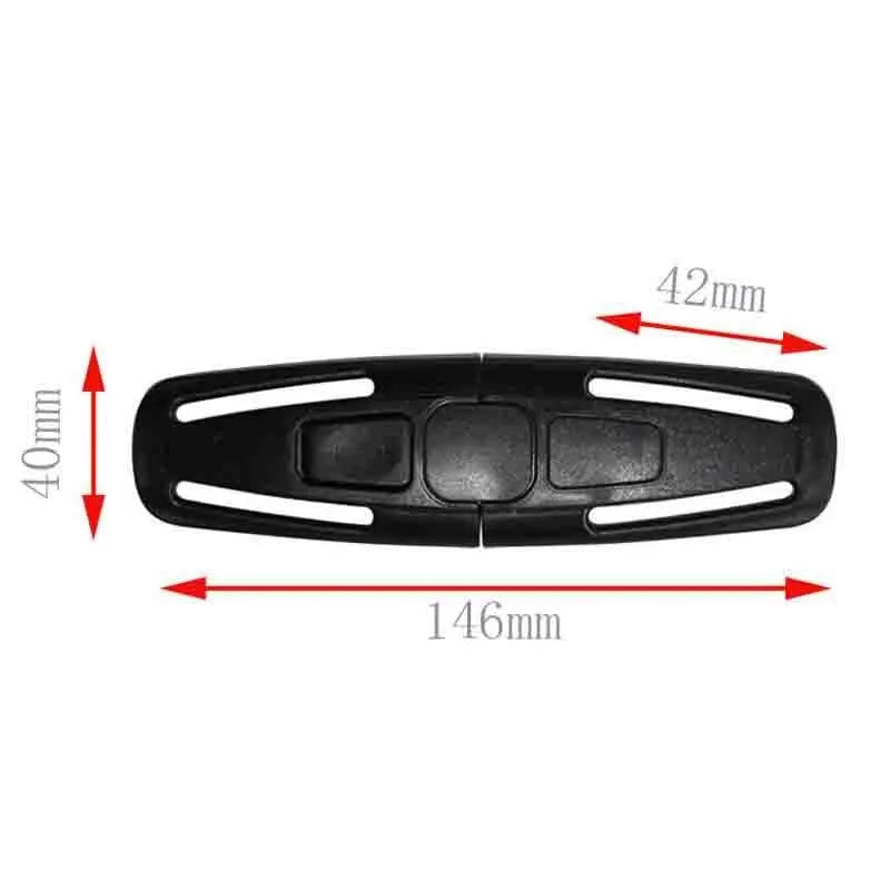 Black nylon PA66 child safety seat buckle clip measuring 14.5 x 4 cm for harness replacement