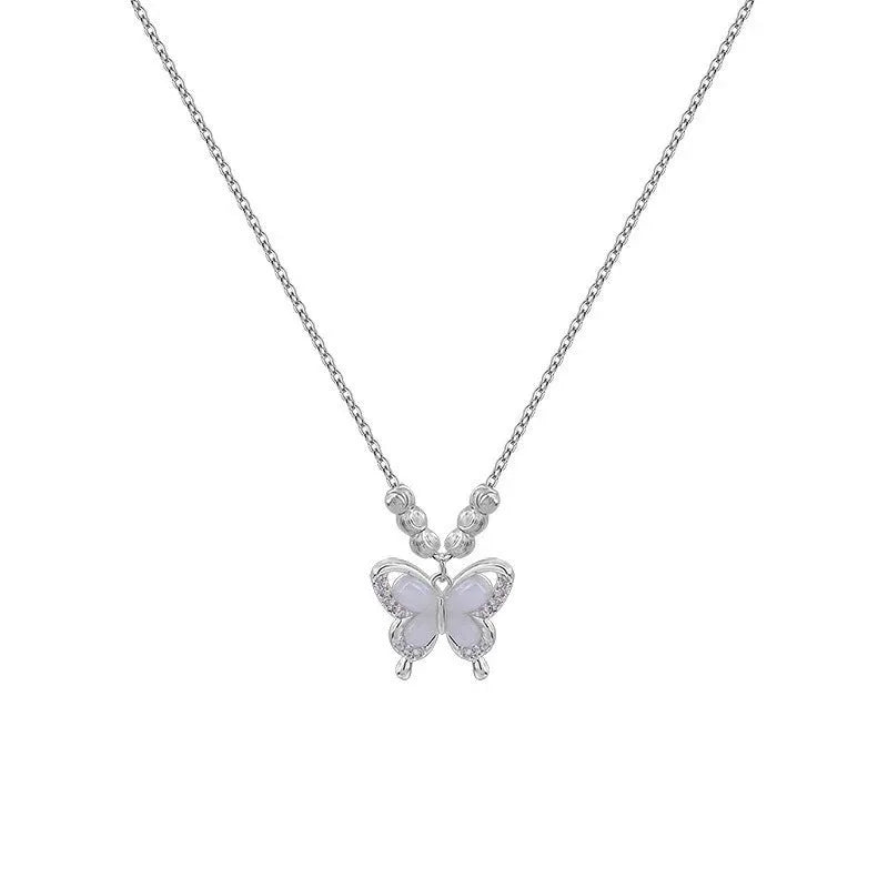 Silver-colour women's butterfly pendant necklace on a cross chain, showing adjustable length between 41cm and 50cm.