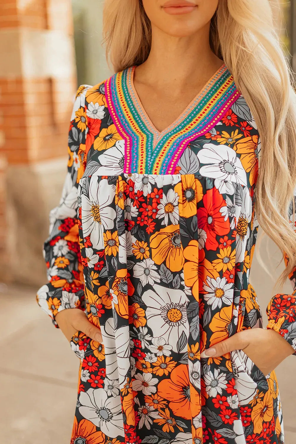Orange floral print women's mini dress with V-neck and striped lace long sleeves