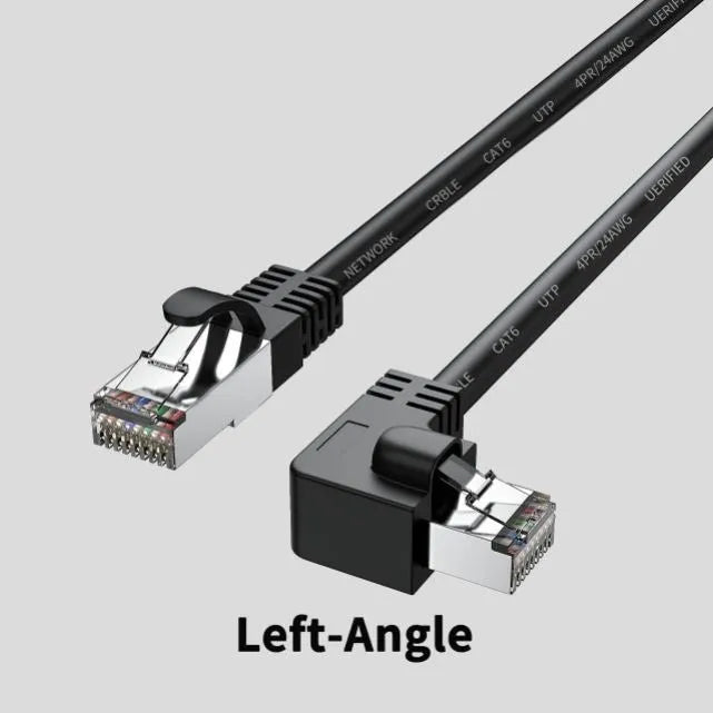 Cat6 Ethernet cable with right-angle metal RJ45 connector in black, available in multiple lengths