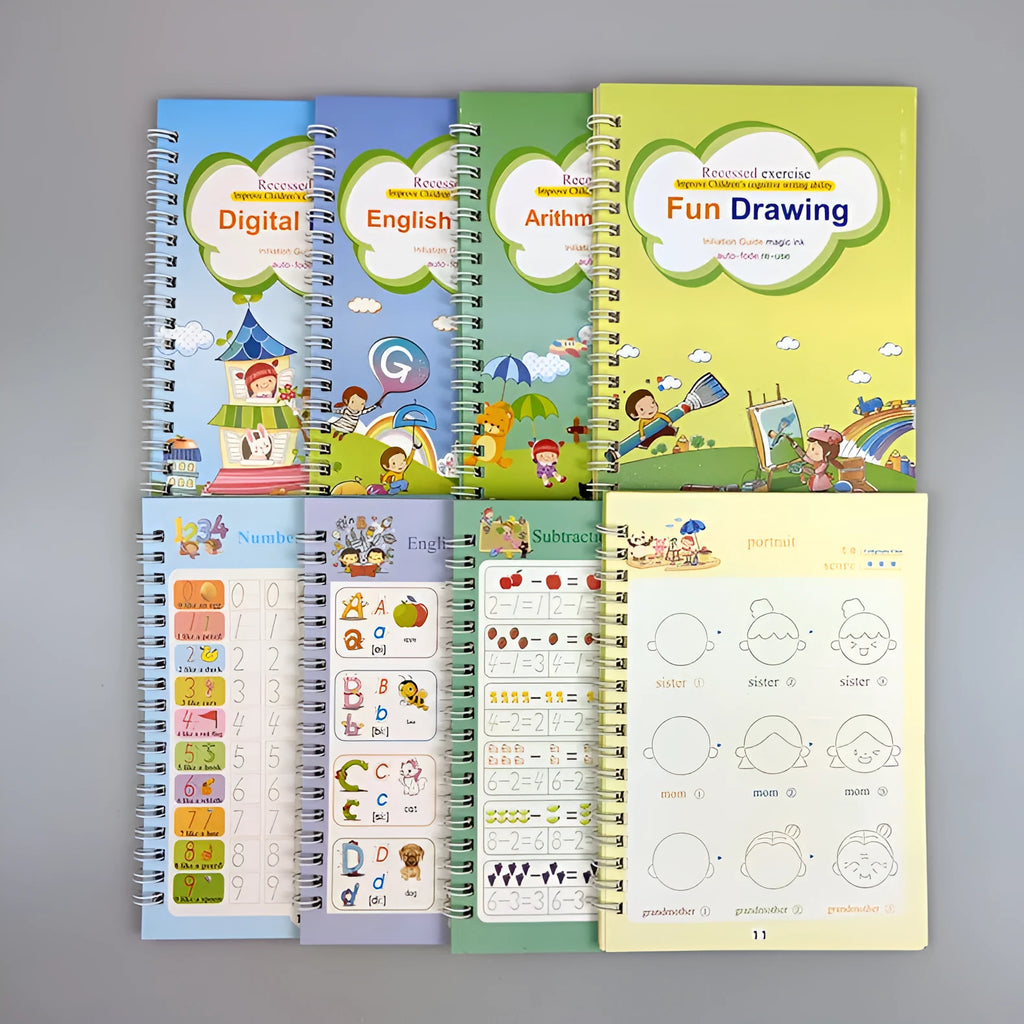 Magic stylus calligraphy practice set for kids showing four colourful copybooks and pens on a table.