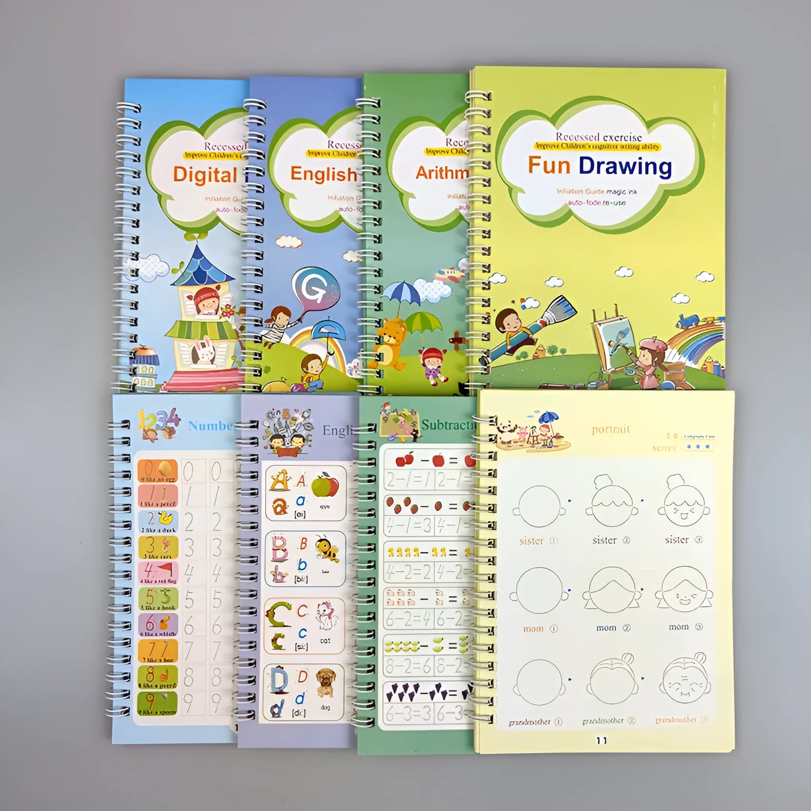 Magic stylus calligraphy practice set for kids showing four colourful copybooks and pens on a table.