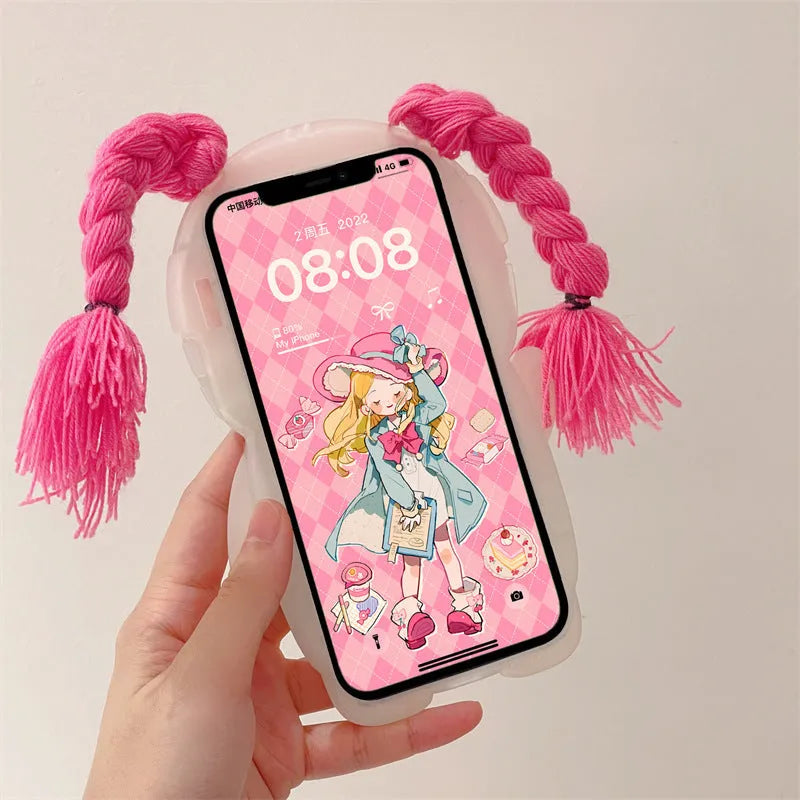 Pink and green silicone iPhone case with a cartoon girl in a swimsuit design.