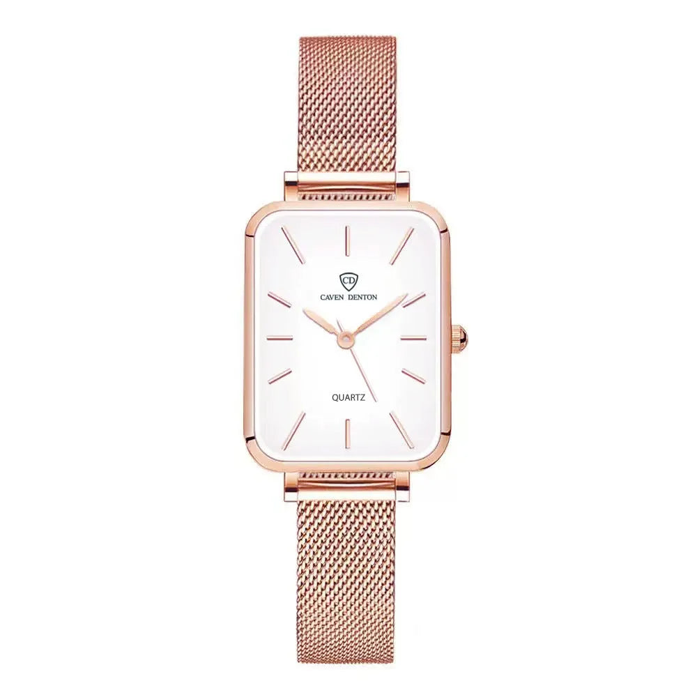 Women's rose gold quartz watch with woven steel strap and alloy case.
