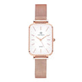 Women's rose gold quartz watch with woven steel strap and alloy case.