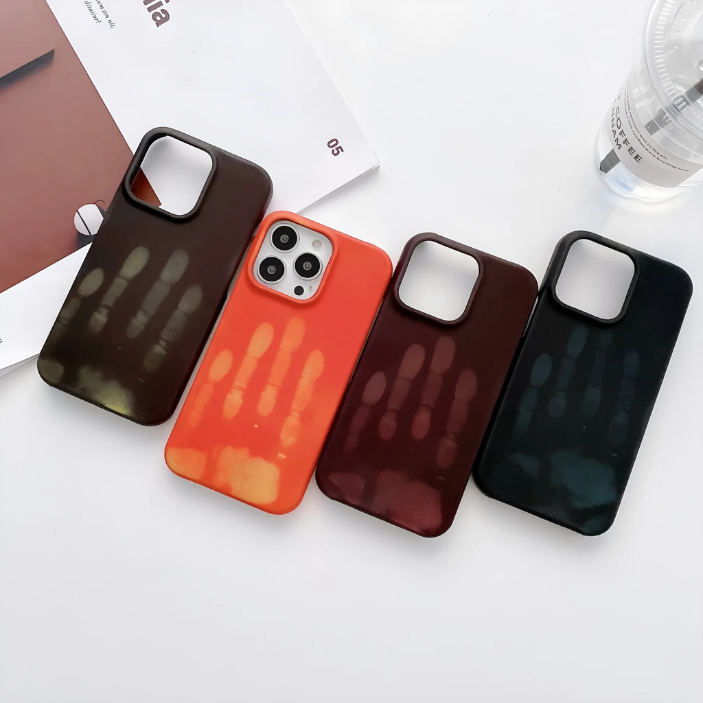 Heat-sensitive inner velvet half-wrap color-changing phone case for iPhone 13 showing black to green shift with PC material anti-drop protection