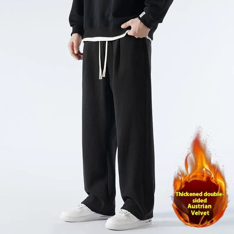 Men's double-sided polar fleece winter trousers with wool lining in loose fit Korean style