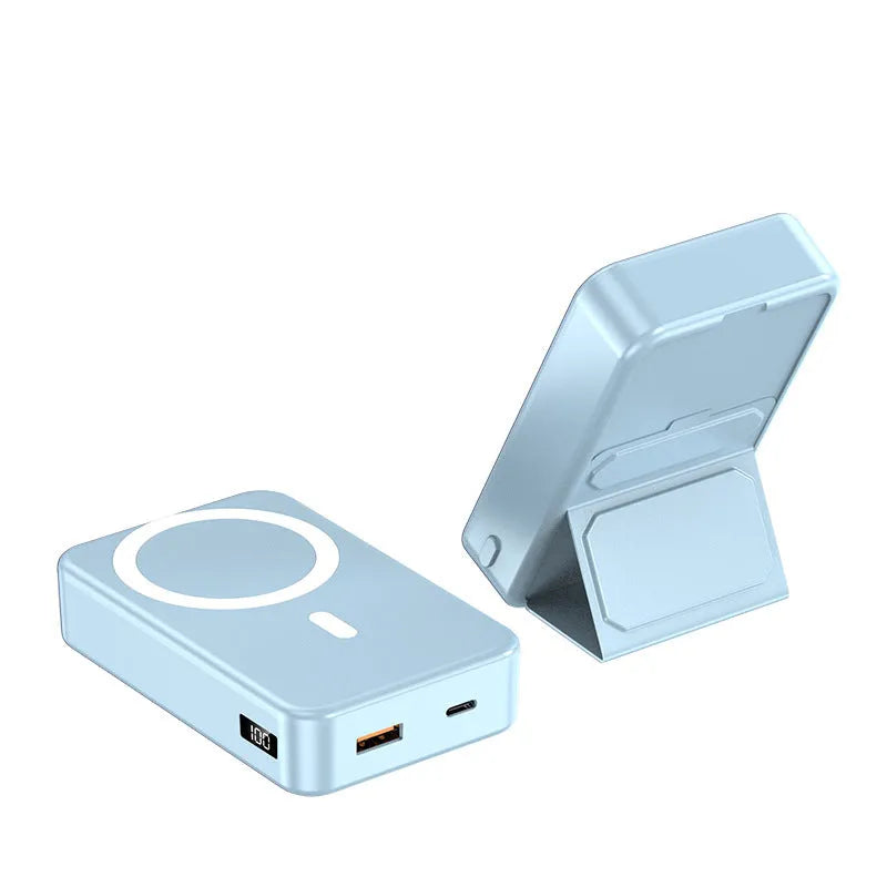 Magnetic wireless charging power bank with folding bracket showing capacity options and colour variations