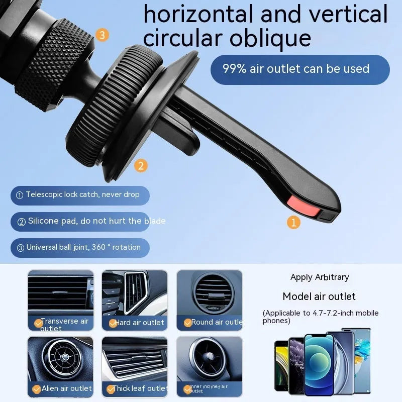 Invisible alloy on-board car phone bracket showing knob air outlet and paste mounting versions in black colour