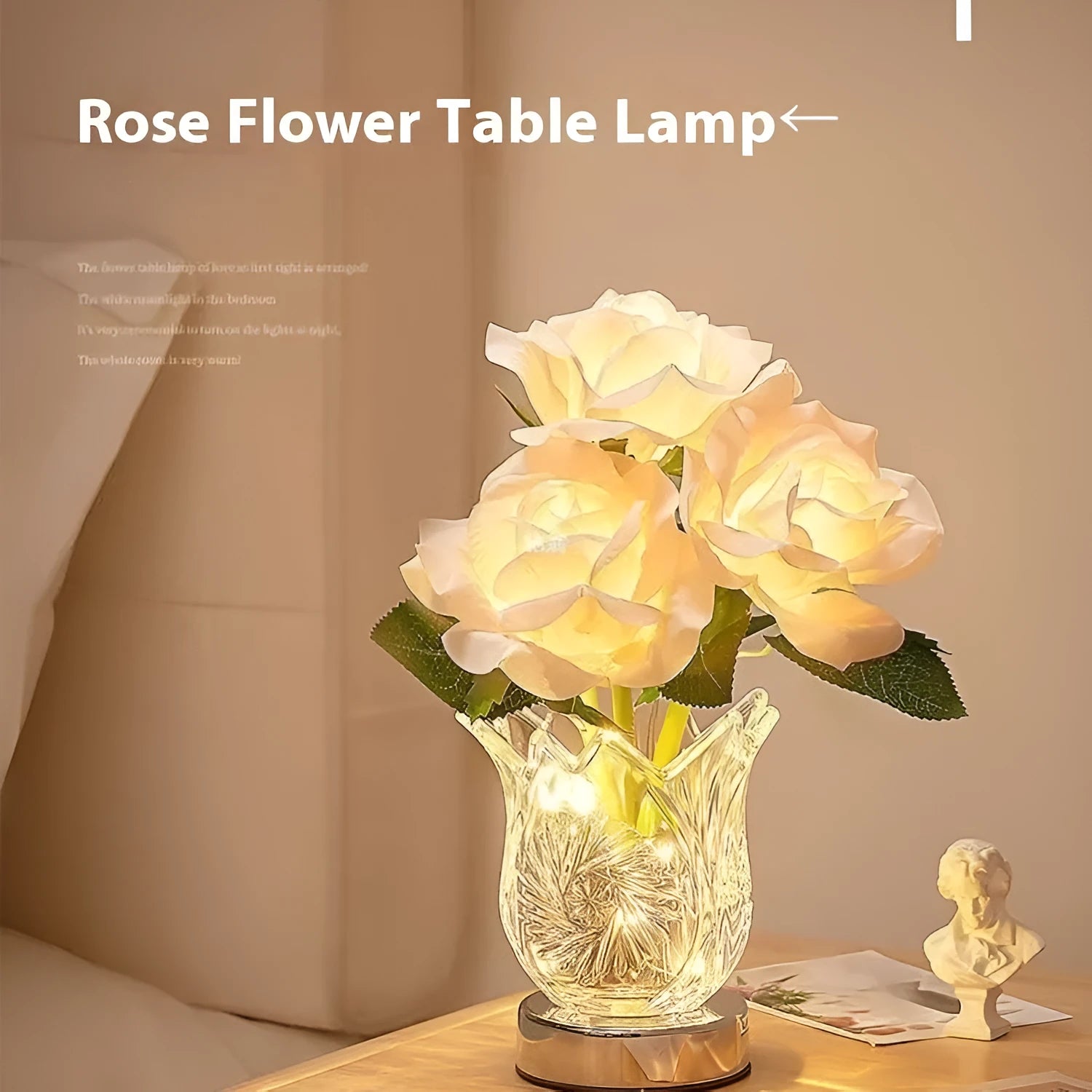 Modern crystal flowers table lamp with touch dimming control on wooden bedside table