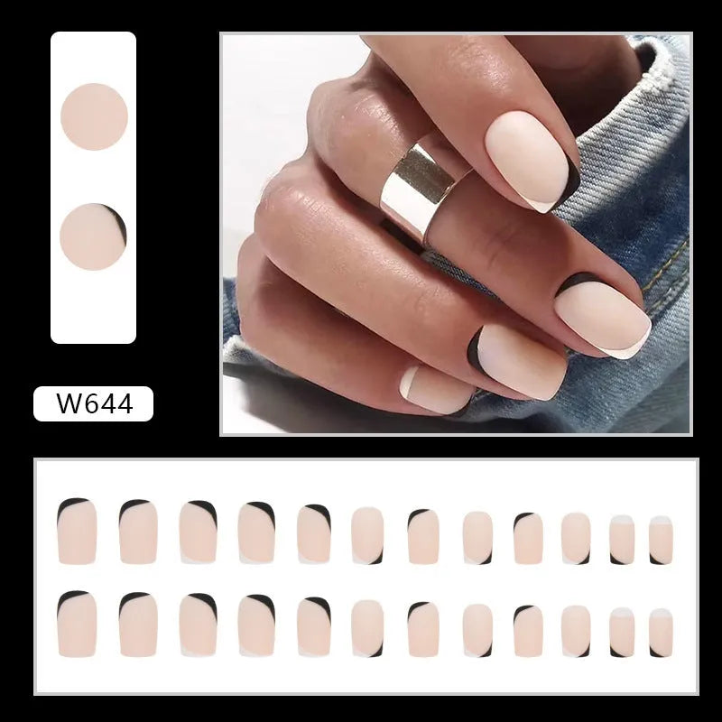 W644 black and white frosted French manicure artificial nail set