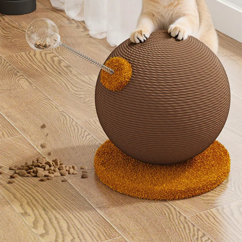 Tumbler-style cat scratch board with woven hemp rope surface and an integrated cat grasping ball toy.