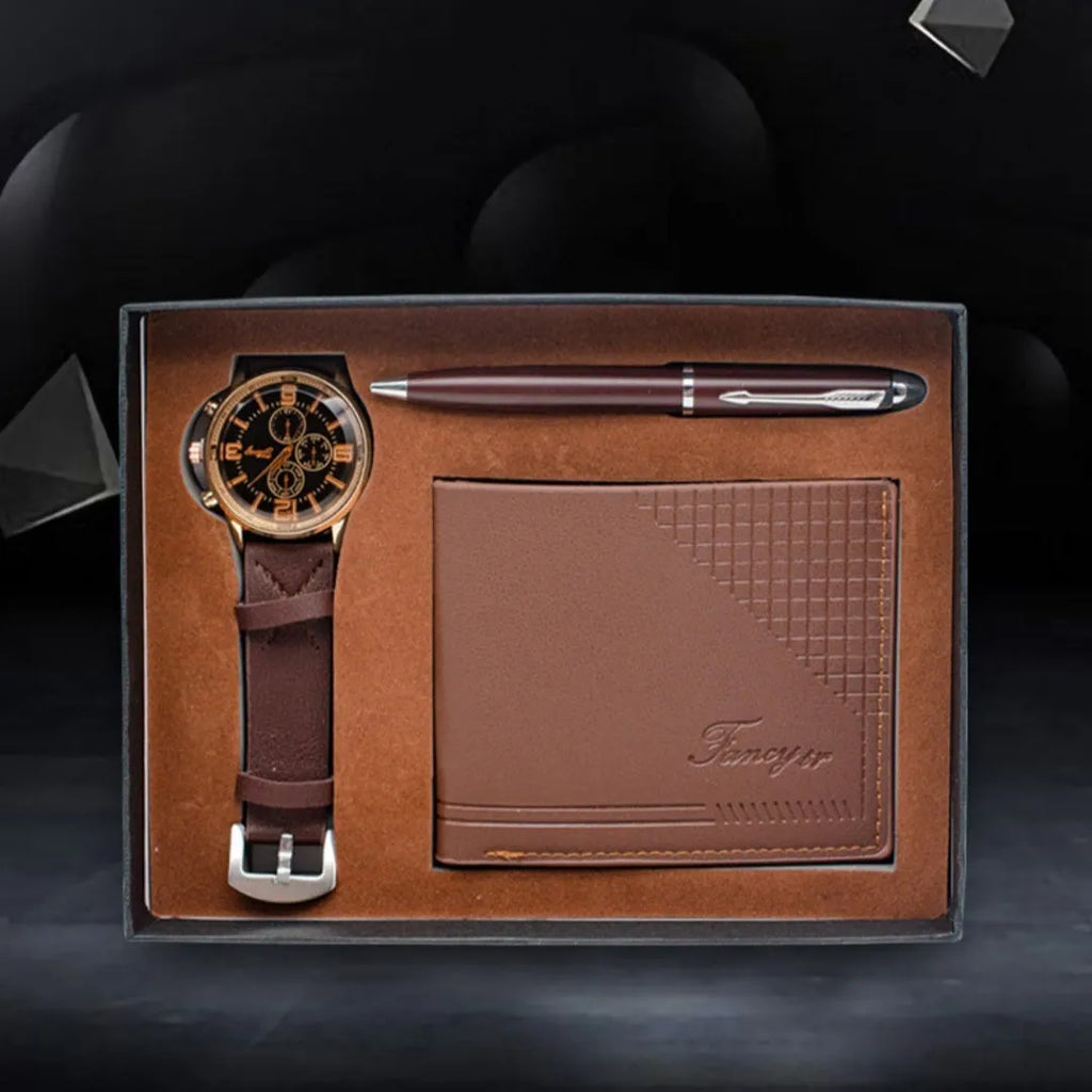 Creative holiday gift set showing a brown wallet, pen, and watch presented in an elegant paper gift box.