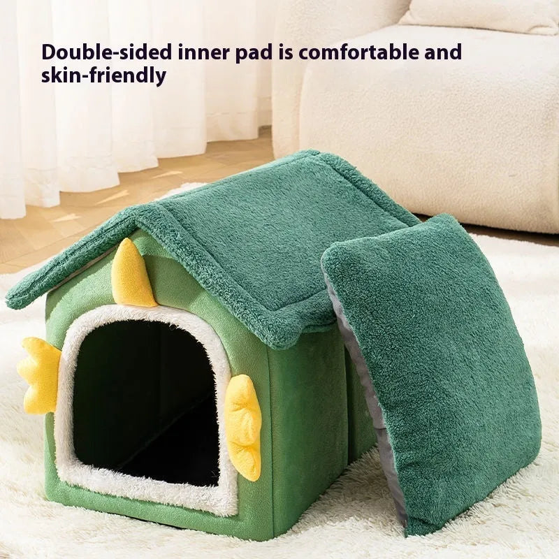 Grey enclosed cat nest bed with thick cushion inside, shown in large size.