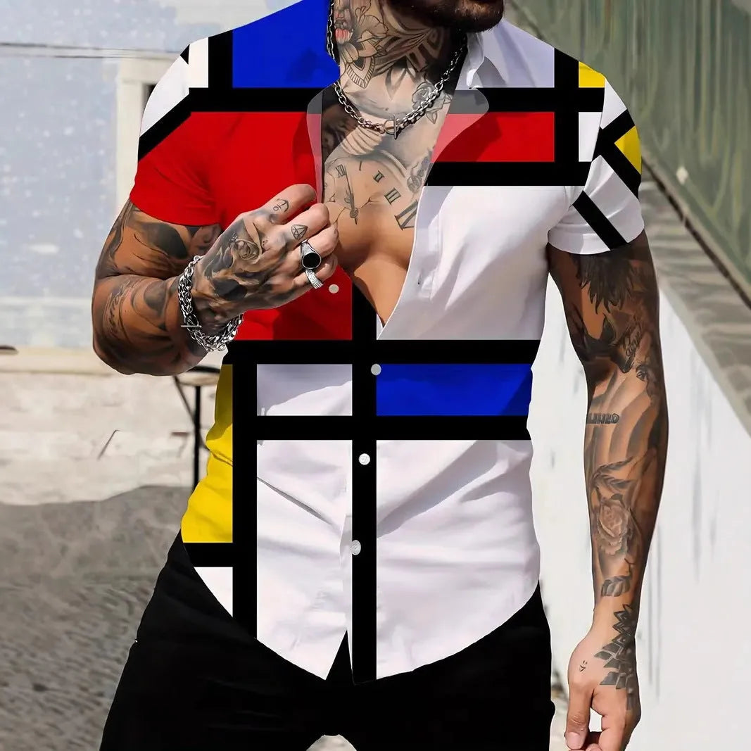 Men's slim fit short sleeve shirt with geometric line printing on the lapel, cardigan style, in a light colour.