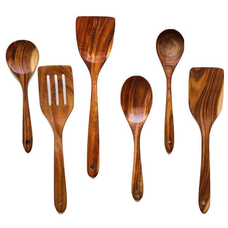 Seven wooden cooking utensils with non-slip handles for non-stick pans