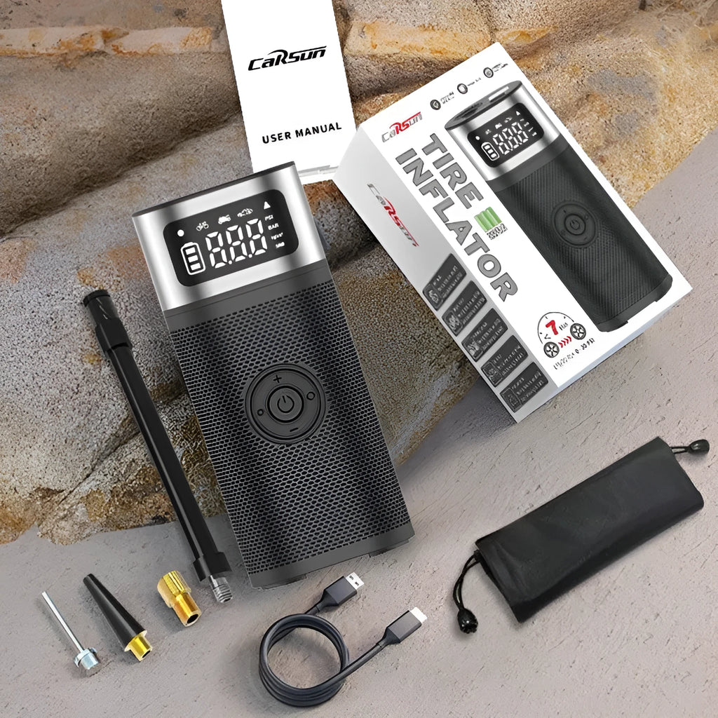 Black portable wireless air pump with 15cm tube, multiple nozzles and USB charging cable