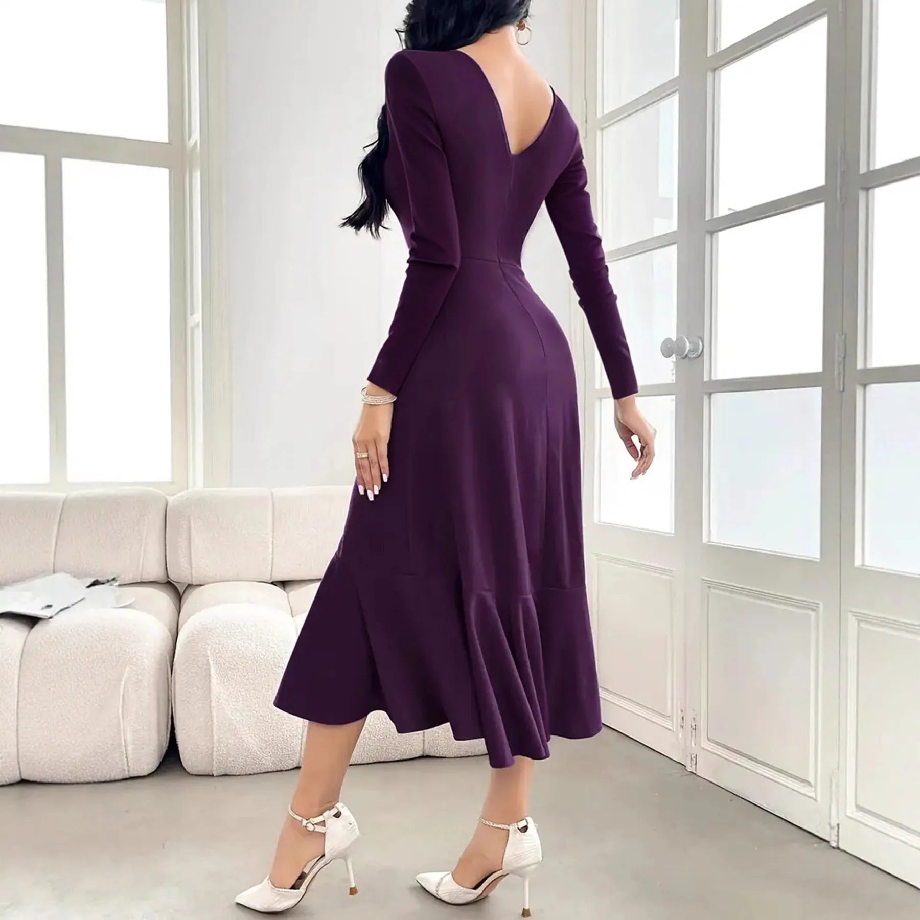 Purple women's long sleeve round neck dress with mid waist and ruffle detailing