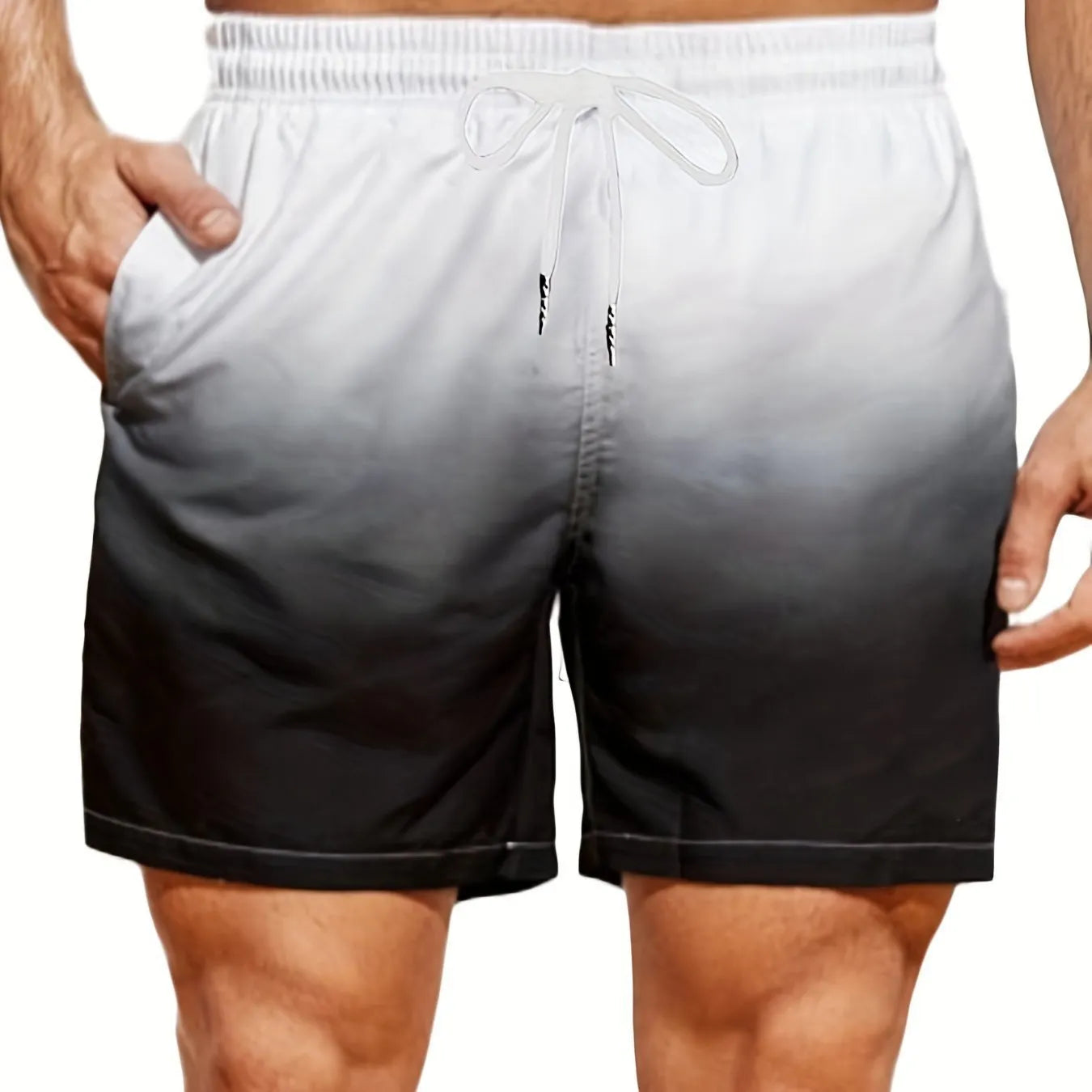Men's grey gradient colour 3D digital print mesh sports shorts on a white background.