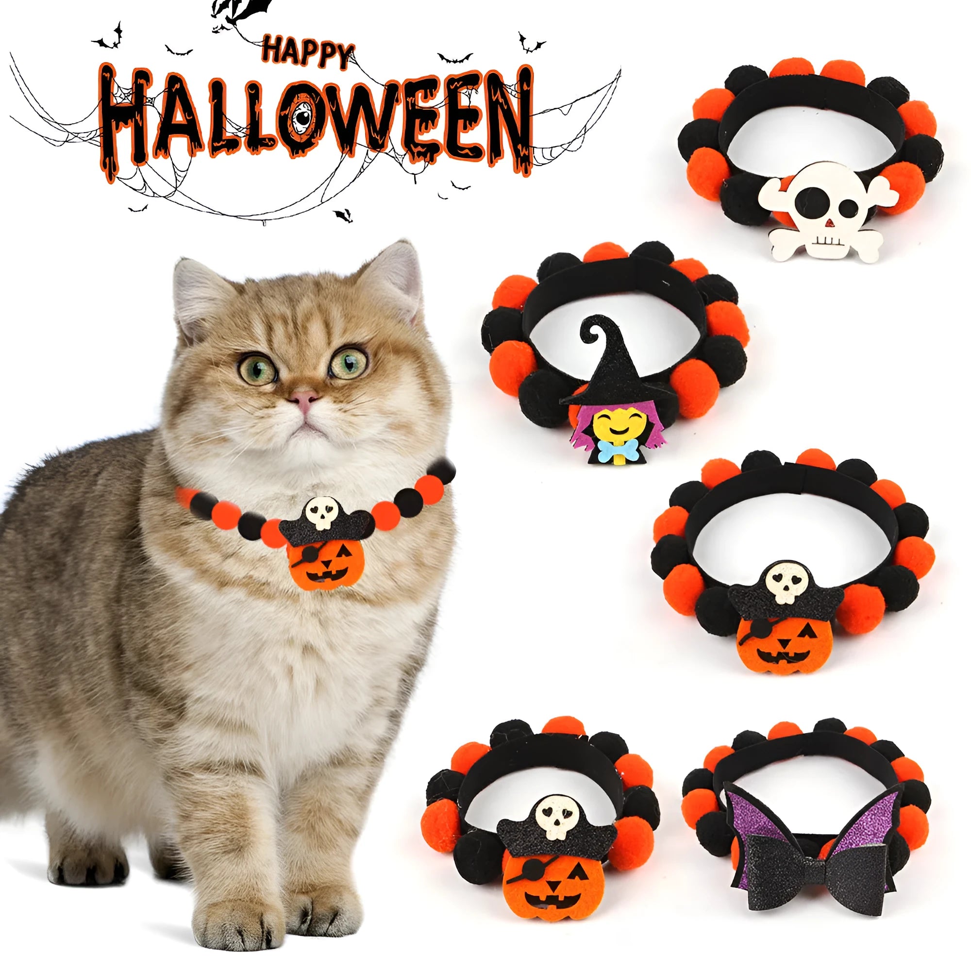 Halloween pet collar with fur ball decoration in pumpkin design on dog neck