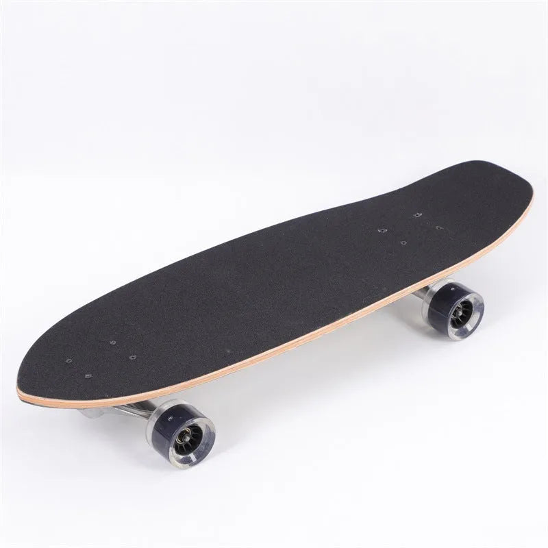 White wooden street scooter with 31-inch maple deck, shown assembled.
