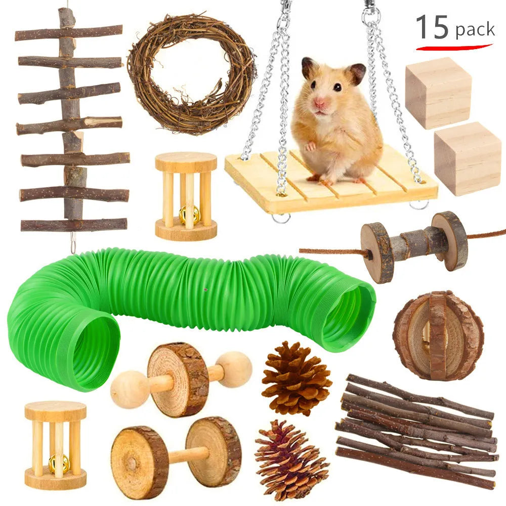 Assortment of natural wooden and woven grass chew toys for small pets like rabbits and guinea pigs